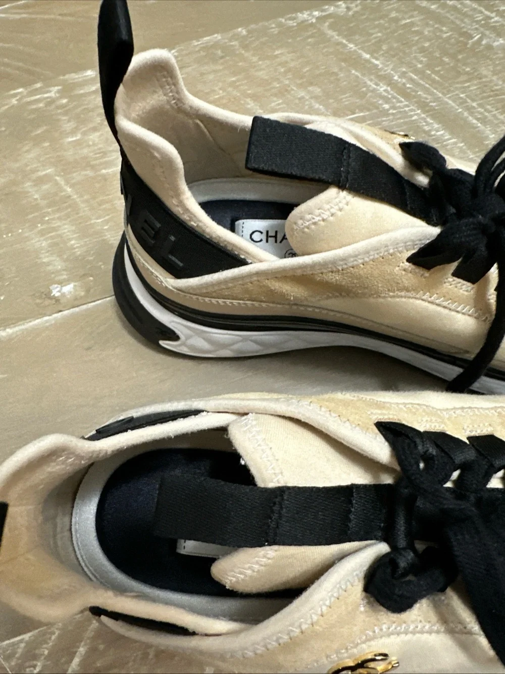 CHANEL Beige & Black Women's Lace-Up Sneaker with Gold CC
